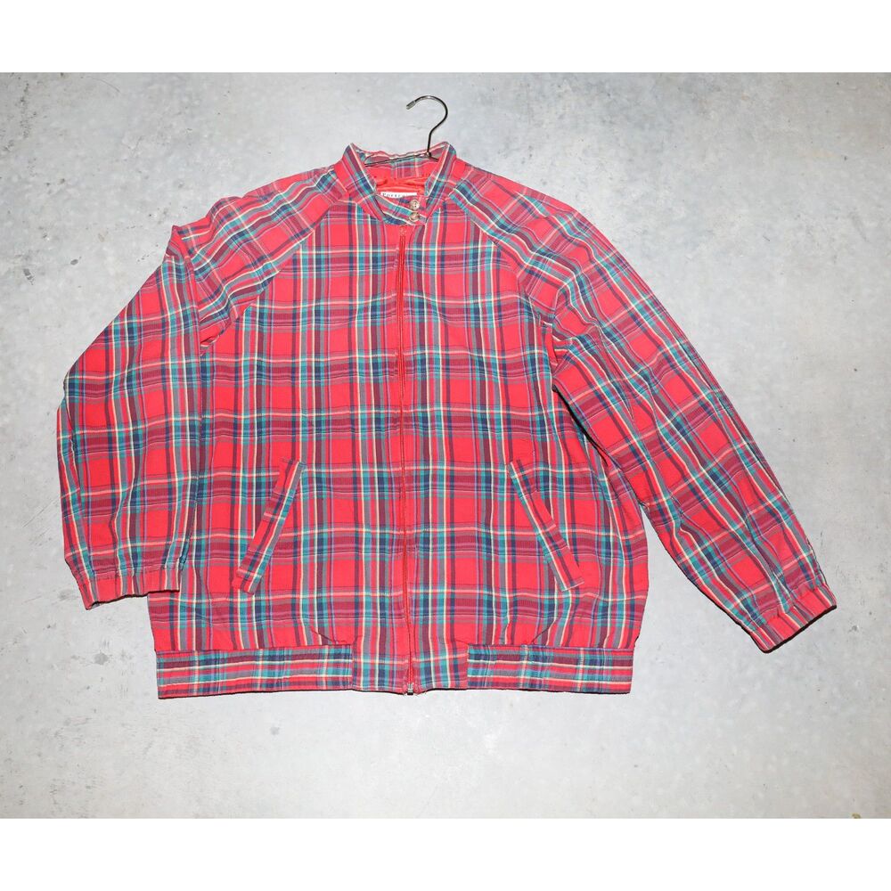 Vintage 80s Red Plaid Windbreaker‎ Zip Up Jacket Preppy Style Top Size Large